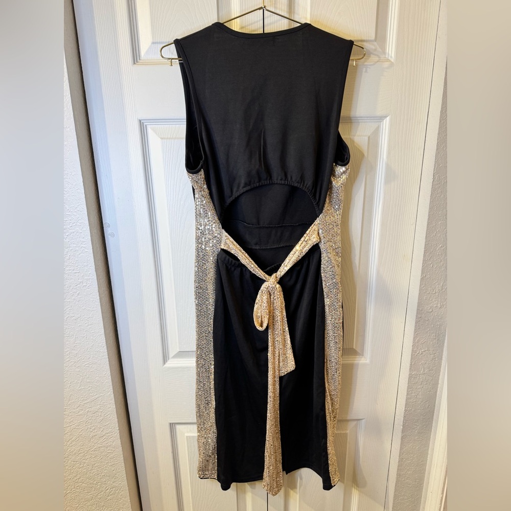 Black Bodycon Dress with Gold Sequin Bands - Picture 2 of 4